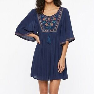 Anthropologie embroidered Dress Flying Tomato Dolman Sleeves SMALL BLUE Boho